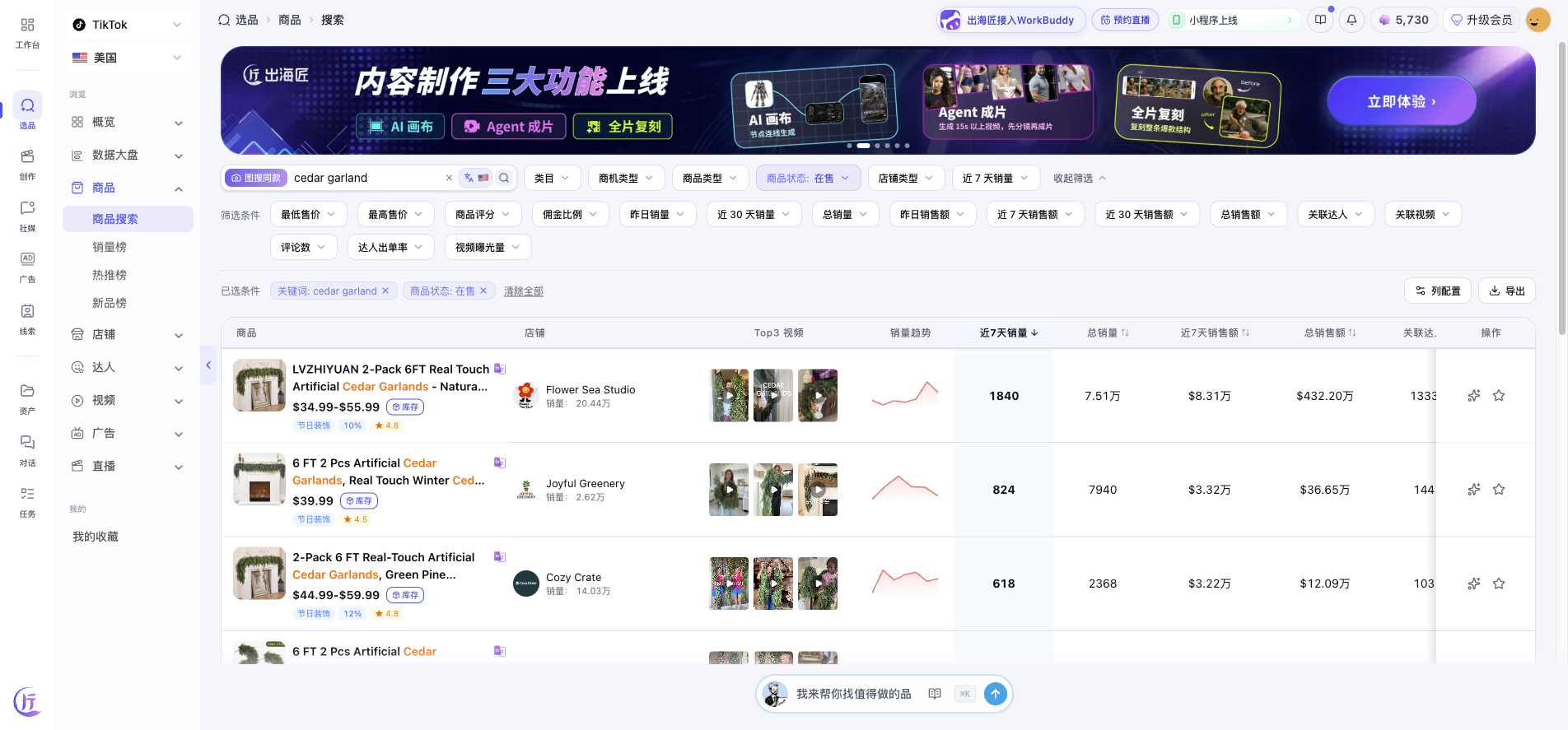 出海匠 TikTok 美国 cedar garland 商品搜索与近似商品数据